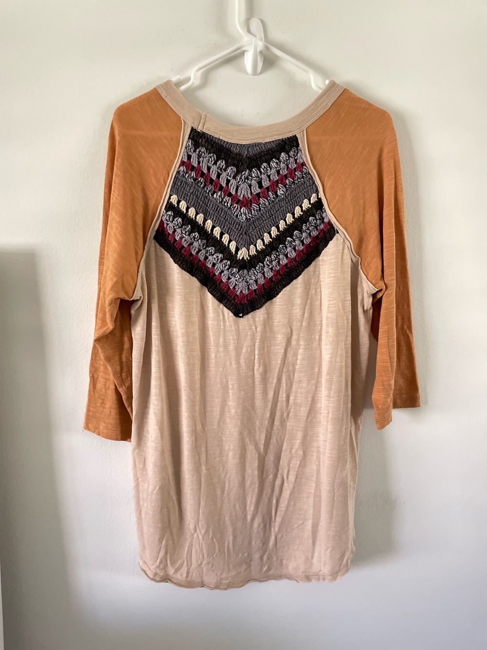 Free People Spring Bound Tee Crochet Bodice Top Shirt Boho 3/4 Sleeve Fall Color - Picture 4 of 8